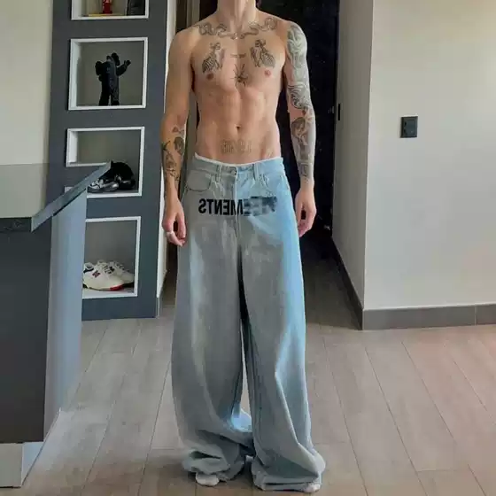 Vet American Retro Letter Embroidered Washed Blue Jeans Loose Fit Baggy Jeans Wide Leg Pants for Men