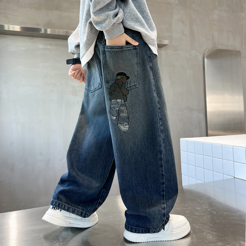 男童牛仔裤儿童痞帅风男孩宽松直筒长裤中大童春秋装休闲潮童裤子