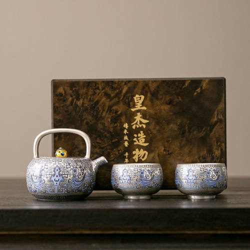 鎏银天命玄鸟提梁一壶二杯茶具