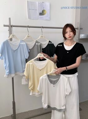 Nice studio奶思家夏上新韩系常规版简约假两件短袖T恤女上衣潮