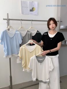 简约假两件短袖 T恤女上衣潮 studio奶思家夏上新韩系常规版 Nice