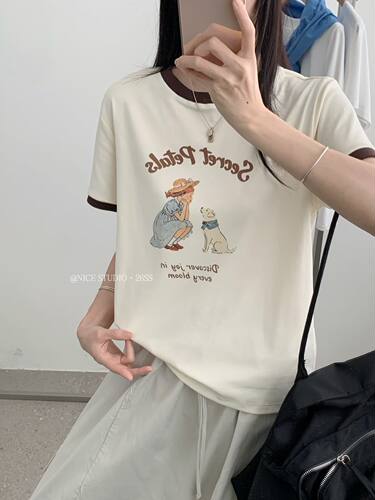 Nice studio奶思家夏季韩版撞色卡通印花短袖T恤字母印花显瘦上衣