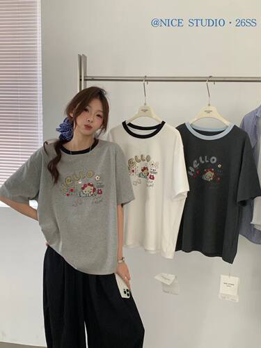 Nice studio奶思家夏上新韩系彩点卡通印花撞领套头短袖T恤女上衣