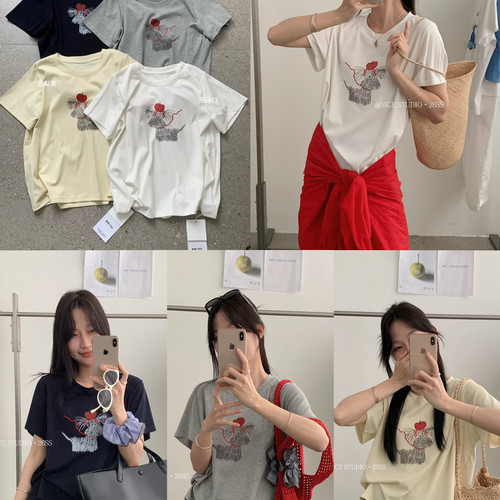 奶思家NICE STUDIO-夏上新韩系红苹果小狗印花工艺短袖T恤1262