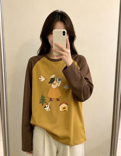 Nice studio奶思家韩版时尚休闲显瘦百搭卡通印花长袖T恤女上衣潮