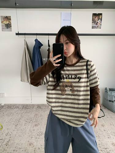 Nice studio奶思家秋韩版时尚休闲宽松显瘦卡通印花长袖T恤女潮