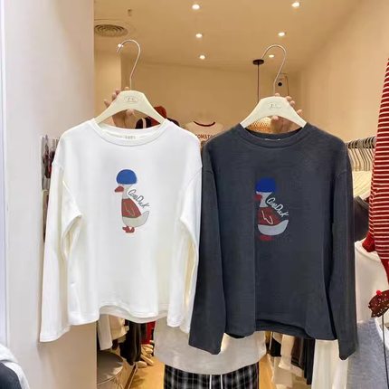 清货 ZC秋冬韩版常规版休闲百搭卡通鸭子印花德绒长袖T恤女上衣