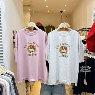 ZC韩版 T恤女宽松通勤百搭套头显瘦减龄上衣 字母卡通印花圆领短袖