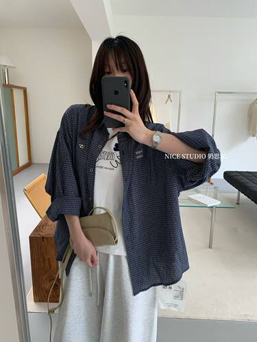 Nice studio奶思家秋季韩系氛围感格子衬衫女显瘦刺绣长袖衬衣潮
