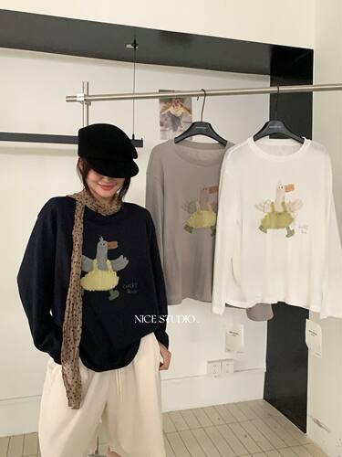 Nice studio奶思家秋季韩版时尚休闲宽松显瘦卡通印花长袖T恤女潮