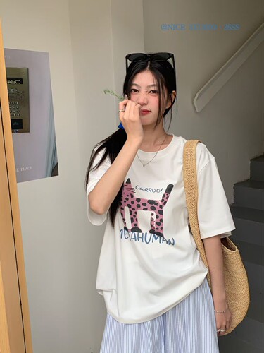 NICE studio奶思家夏季韩系休闲宽松趣味卡通印花短袖T恤女上衣潮