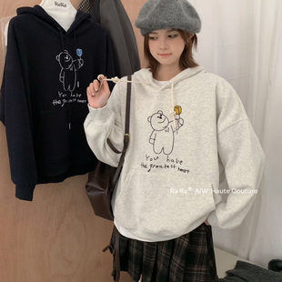 RaRa 衛(wèi)衣女 Style韓系字母卡通圖案印花寬松連帽抽繩套頭加絨長袖
