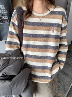 复古条纹圆领毛织羊绒刺绣宽松长袖 STUDIO秋冬季 奶思家NICE 清货