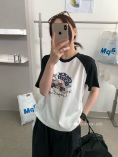 卡通短袖 T恤女上衣潮 studio奶思家韩系卡通印花撞色拼接时尚 Nice
