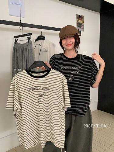 Nice studio奶思家秋季韩版时尚休闲宽松显瘦条纹短袖T恤女上衣潮