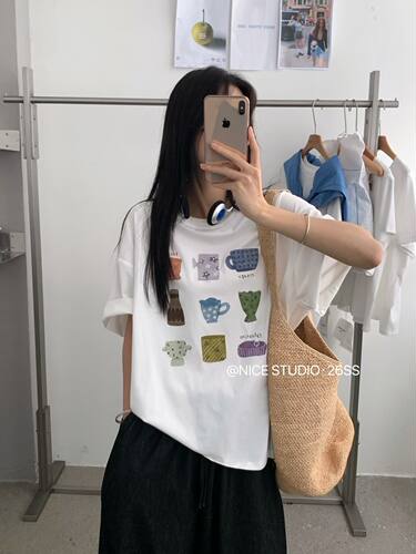 Nice studio奶思家韩系休闲趣味卡通印花宽松大版短袖T恤女上衣潮
