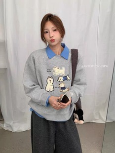 清货 STUDIO奶思家韩系卡通小狗刺绣加绒卫衣女宽松显瘦上衣 NICE