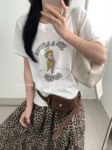 Nice studio奶思家韩系休闲百搭卡通天使印花短袖T恤女上衣潮