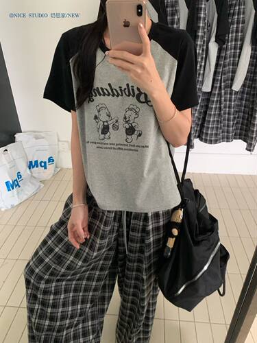 Nice studio奶思家2026夏上新韩系撞色百搭卡通印花长袖T恤女上衣