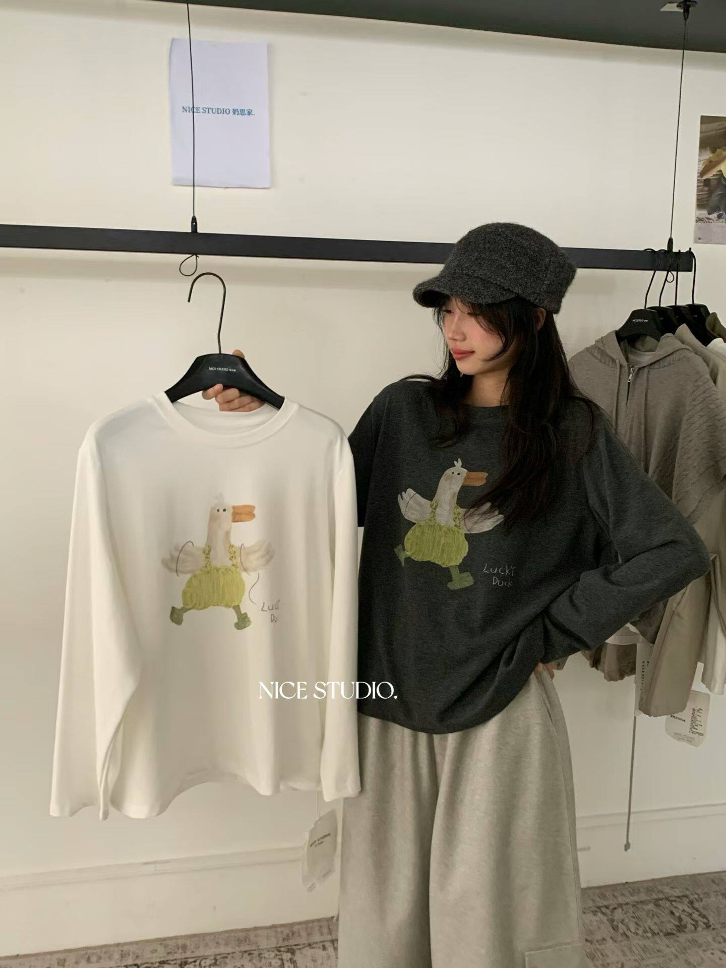 Nice studio奶思家韩版宽松休闲显瘦卡通印花长袖T恤女上衣潮