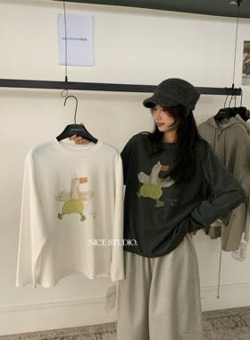 Nice studio奶思家韩版宽松休闲显瘦卡通印花长袖T恤女上衣潮