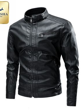 大白鲨PU皮夹克男士秋冬款时尚立领修身皮衣茄克防风机车皮外套男