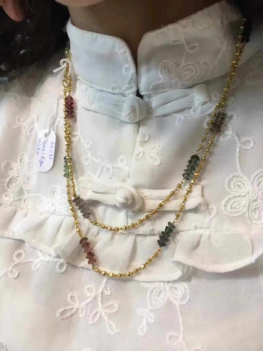 印度纯银镶嵌天然西瓜碧玺 毛衣链 项链