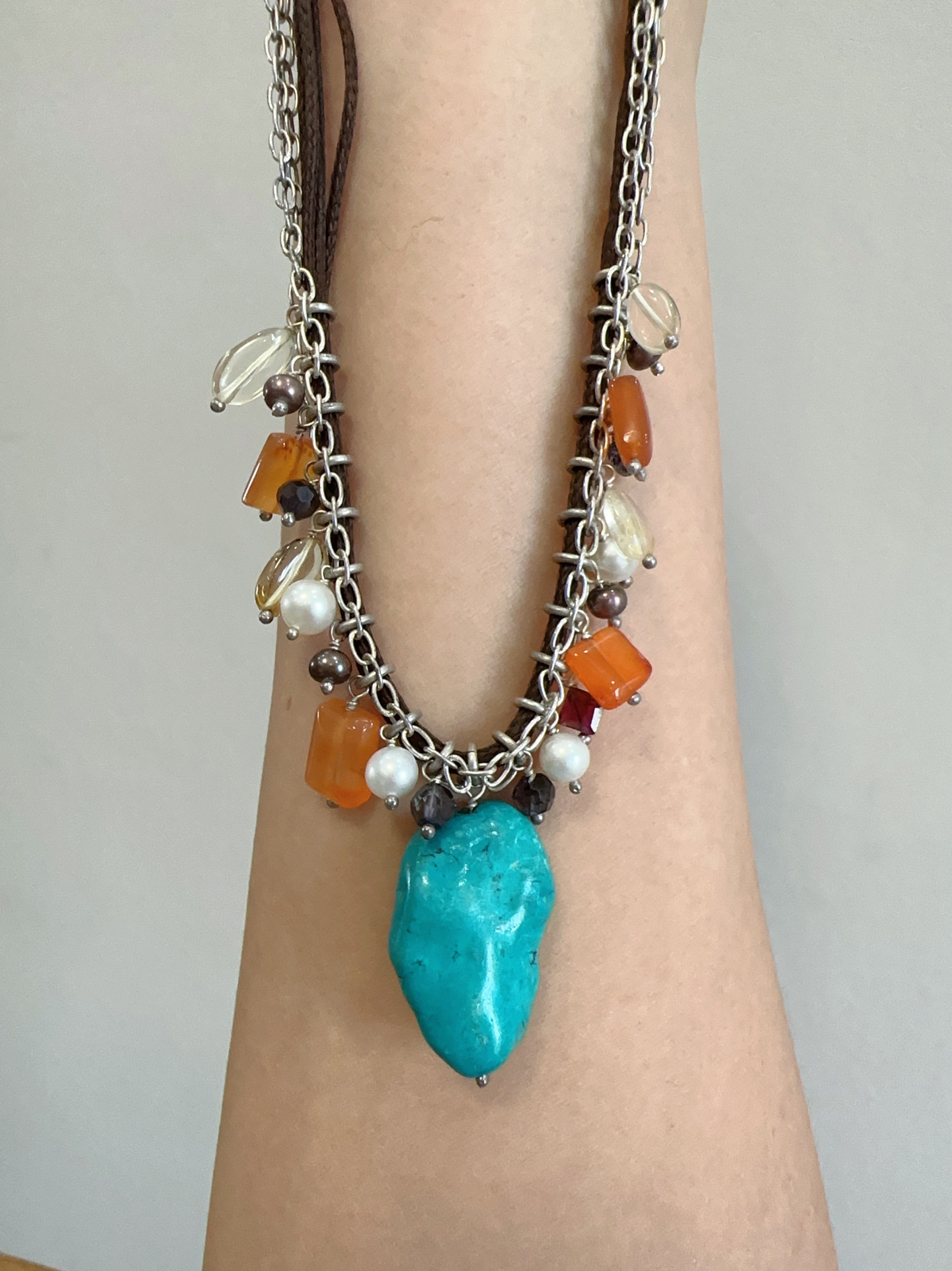 印度纯银镀金镶嵌天玛瑙 白水晶 石榴石  珍珠 绿松石设计款项链