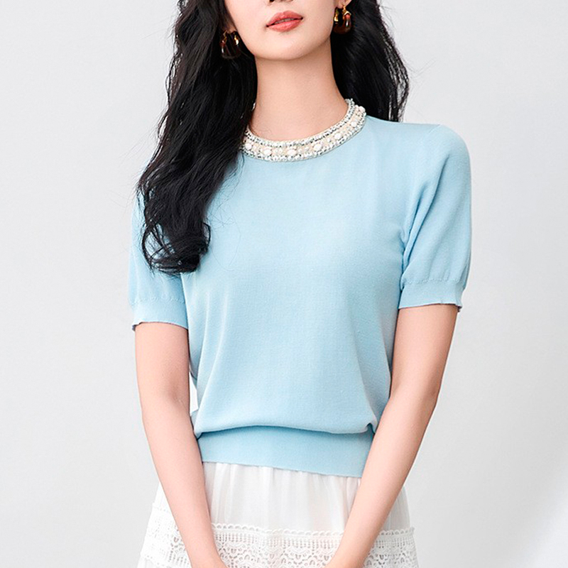 名媛气质钉珠圆领洋气上衣女2025夏季新款法式天丝短袖针织衫T恤