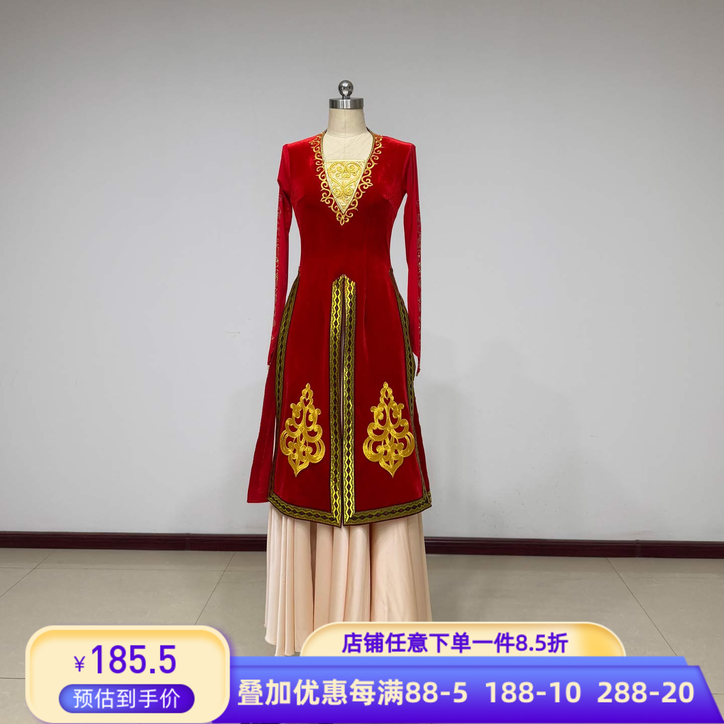 维族红色丝绒大摆舞蹈演出服女
