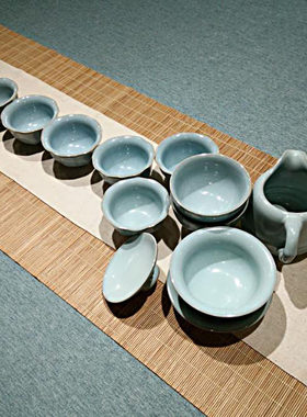 汝意堂汝瓷盖碗套装天青釉手工茶具商务礼品家用茶馆整套