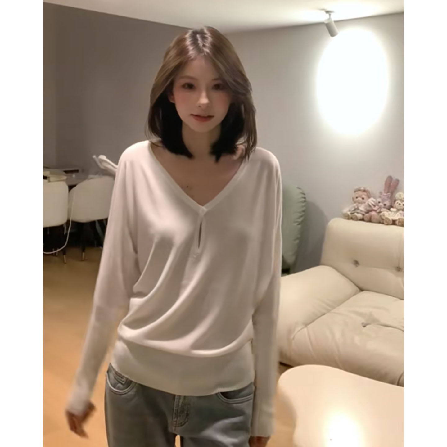 纯欲辣妹蝙蝠袖半开V领长袖针织T恤女秋季宽松显瘦百搭简约上衣潮