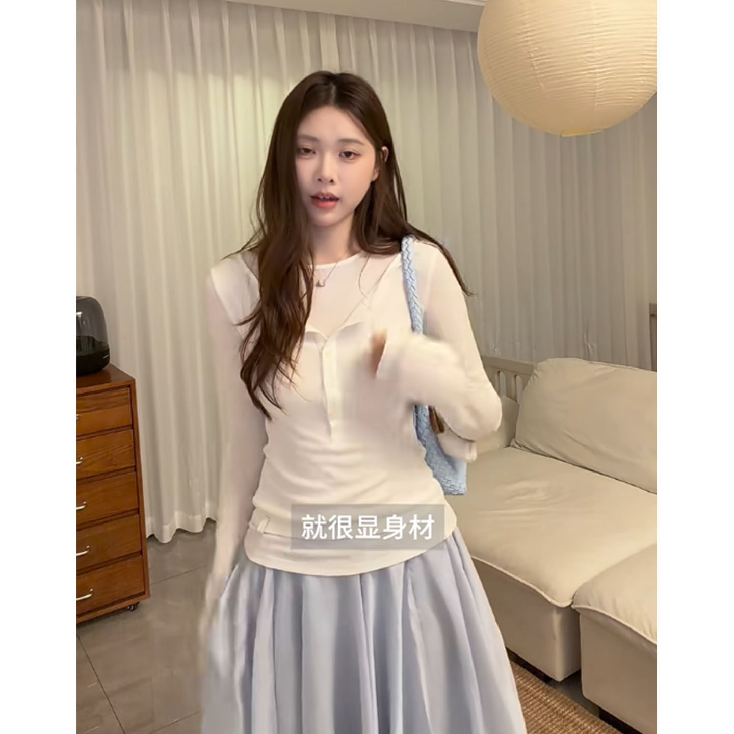 韩系温柔风半开领纽扣假两件长袖T恤女秋季修身显瘦内搭打底上衣