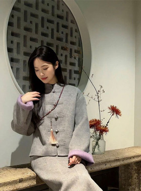 AS达哥~今年紫色好看~新中式绵羊毛手工双面呢撞色百搭半身裙女