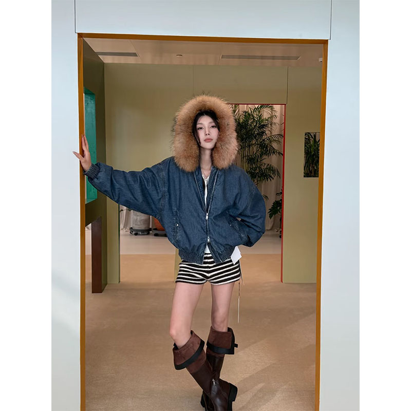 AS达哥~设计师款献给懂的女神~25秋冬新品薄牛仔绗棉连帽夹克外套