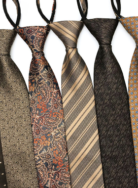 棕色复古条纹领带女日系jk学院风懒人免打拉链式衬衫领带男香槟色