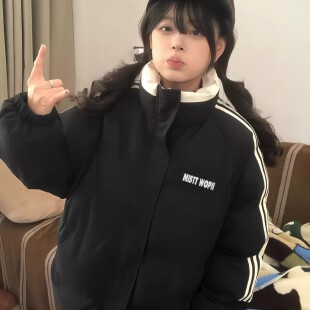 美式复古运动风黑色立领羽绒棉服女大童初中高中学生三条杠外套