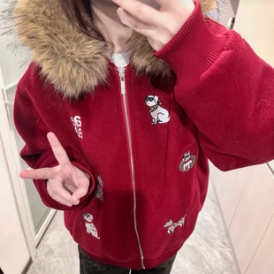 毛领小狗刺绣连帽卫衣女大童初中高中学生加绒红色开衫外套设计感