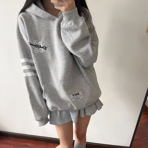 美式休闲连帽卫衣女学生灰色