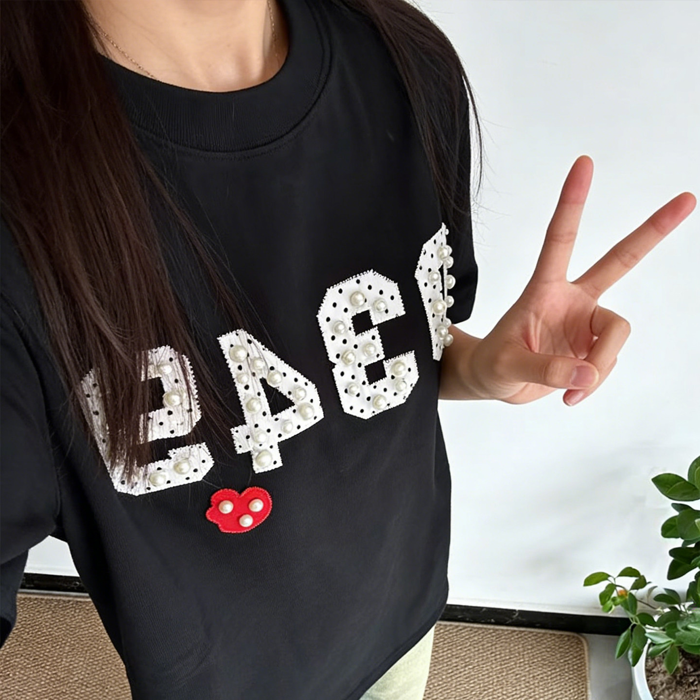 黑色字母钉珠珍珠短袖T恤女大童初中高中学生宽松情侣装上衣潮牌