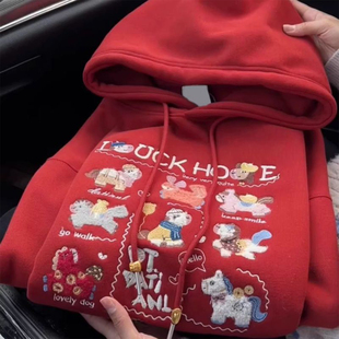 卡通风小马刺绣连帽卫衣女大童初中高中学生加厚宽松红色新年外套