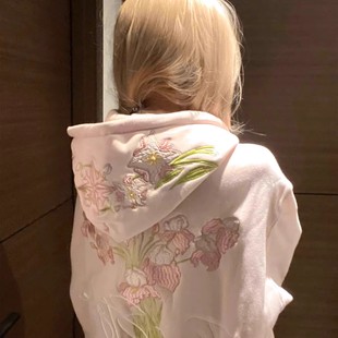 复古花卉刺绣连帽卫衣女大童秋冬初中高中学生宽松慵懒风开衫外套