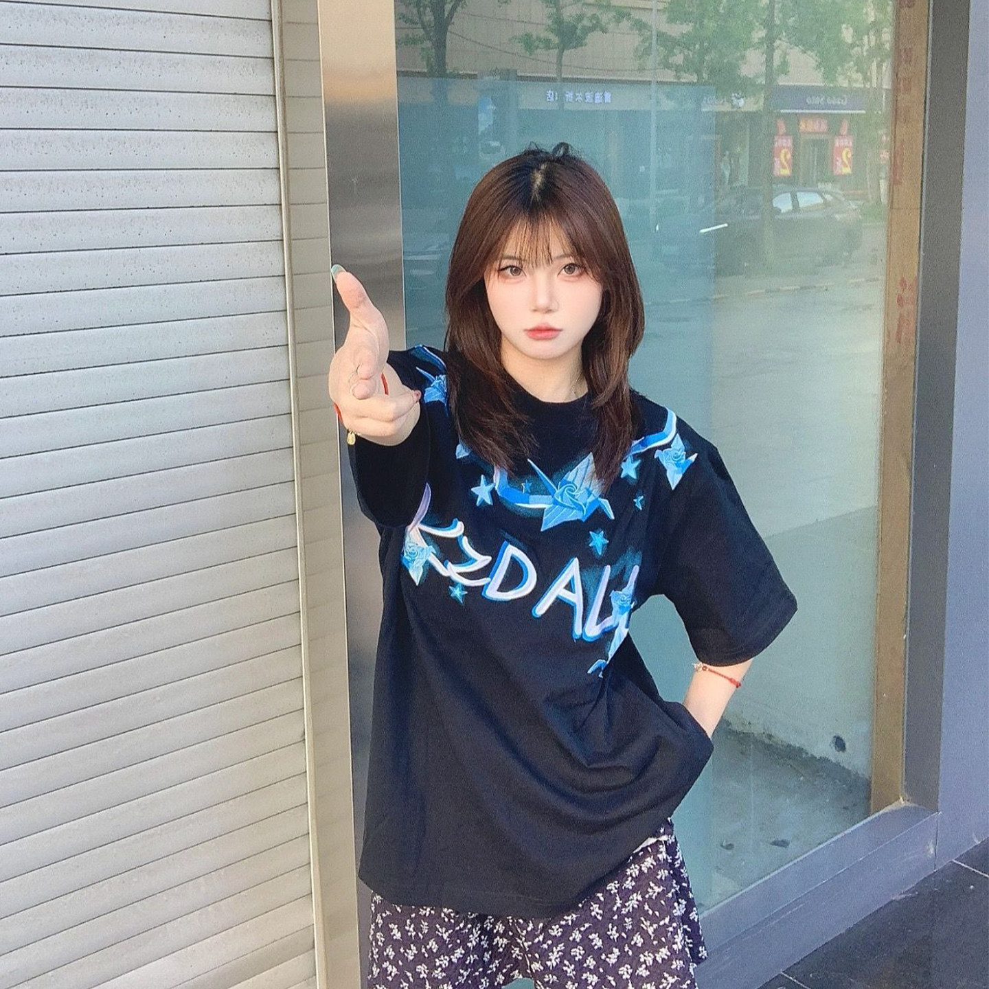 美式复古千纸鹤印花短袖T恤女大童初中高中学生宽松休闲情侣上衣