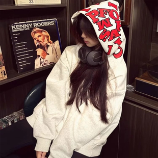 休闲刺绣连帽卫衣女大童2025新款初中高中学生白灰宽松上衣外套