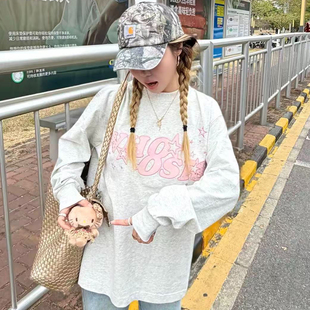 元气轻活风奶灰长袖T恤女大童初中高中学生字母印花打底衫上衣