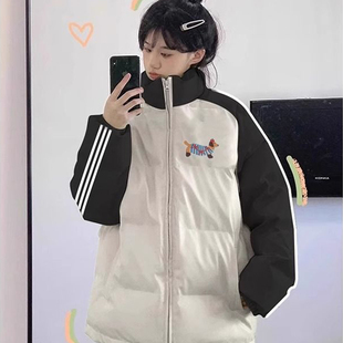 运动风三条杠插肩羽绒棉服女大童初中高中学生立领加厚保暖外套