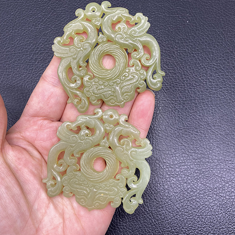 古玩岫玉镂空仿古双凤吊坠挂件兽面玉佩平安扣汉服腰佩项链玉坠