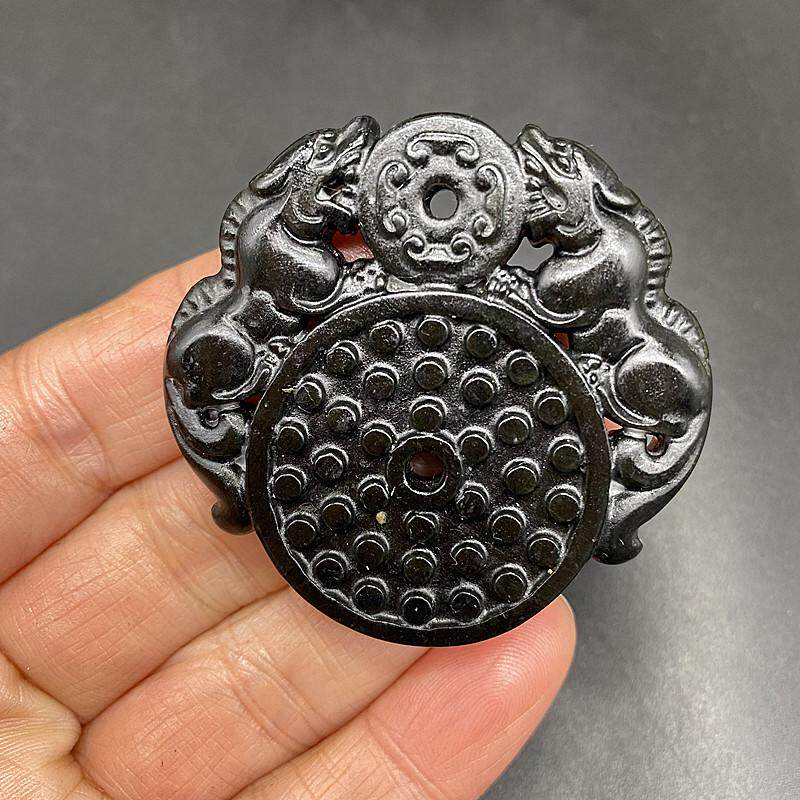 天然黑绿玉仿古双面镂空事事平安扣吊坠蛇纹双貔貅玉石挂件玉坠