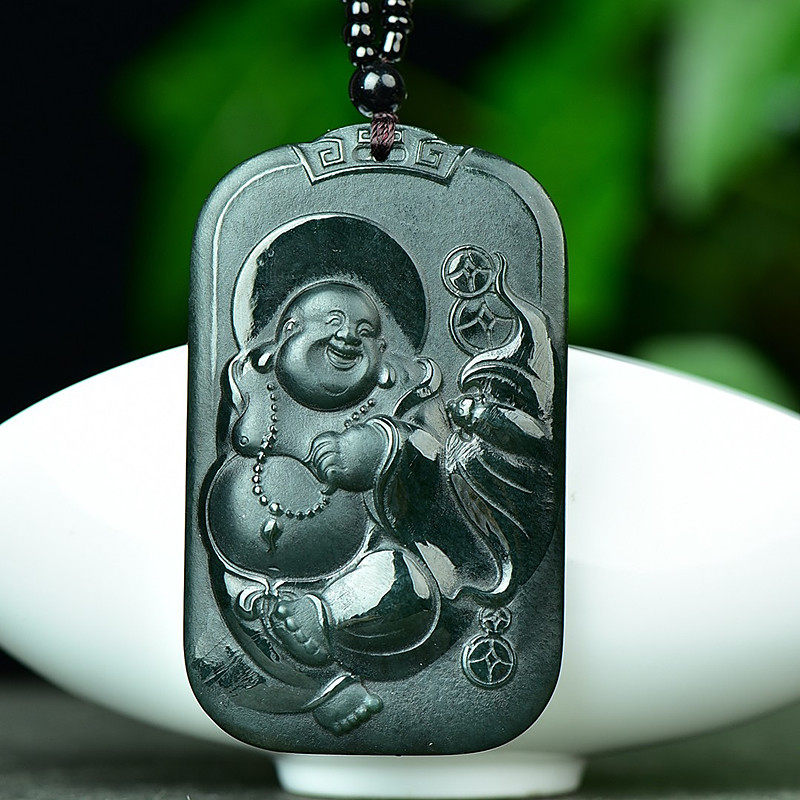 和田玉青玉弥勒佛吊坠福在眼前挂件玉石玉佩玉牌山水风景图玉坠