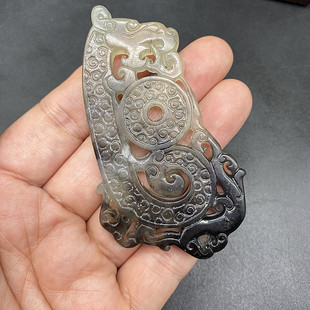 岫玉龙型吊坠挂件水墨双面镂空雕刻龙凤呈祥玉佩玉坠汉服腰佩流苏